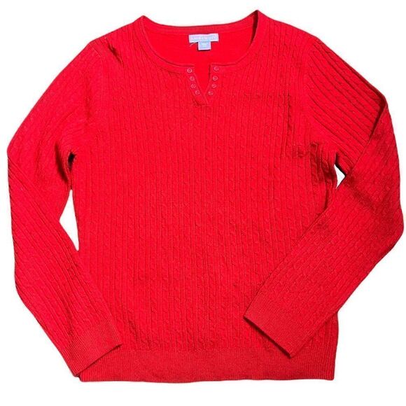 Laura scott Red Cable Knit Notched Scoop Neck Henley Style Pullover Sweater - Picture 2 of 7